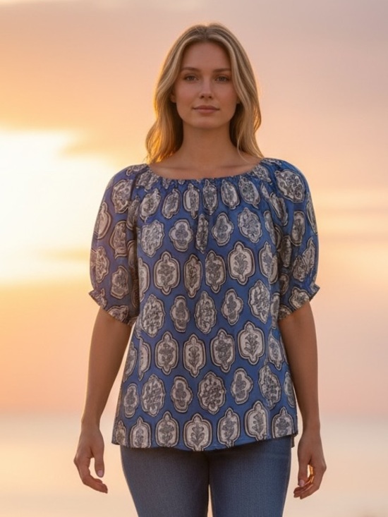 Smith & Quinn Tops - Monsoon Whitney Boho Printed Top Blue Geometric Blouse Sz L LENZING ECOVERO